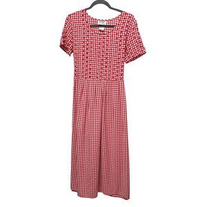 Vintage KDK Designs Red & White Gingham Midi Dress With Embroidered Size 8